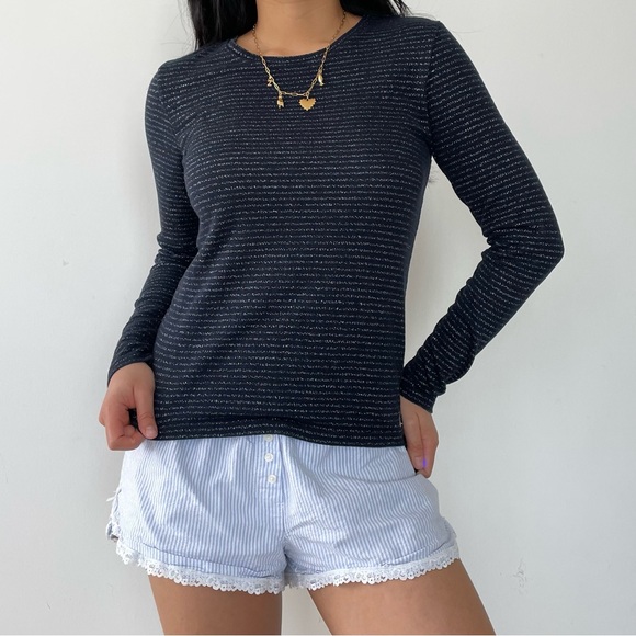 Jack Wills Navy and Silver Metallic Striped Long Sleeve Top - Small - Picture 4 of 5